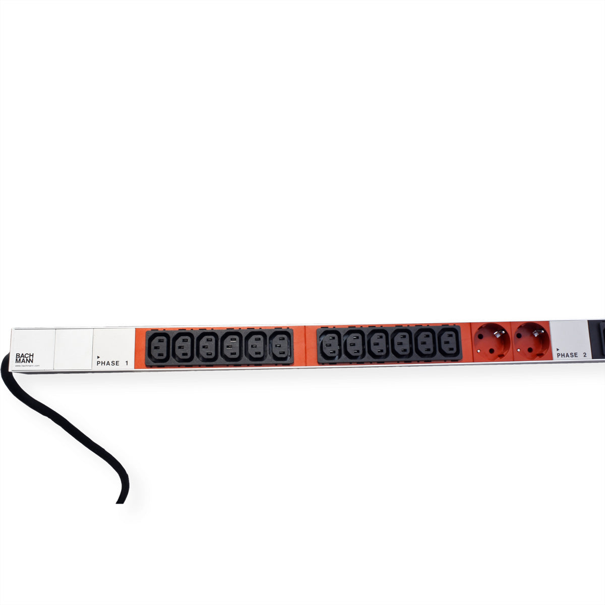 Bachmann Rack-PDU – 1U senkrecht, 36× IEC C13, 6× Schuko (Typ E/F), CEE 32A 3L+N+PE rot, 400 V, 3-phasig, 3 m