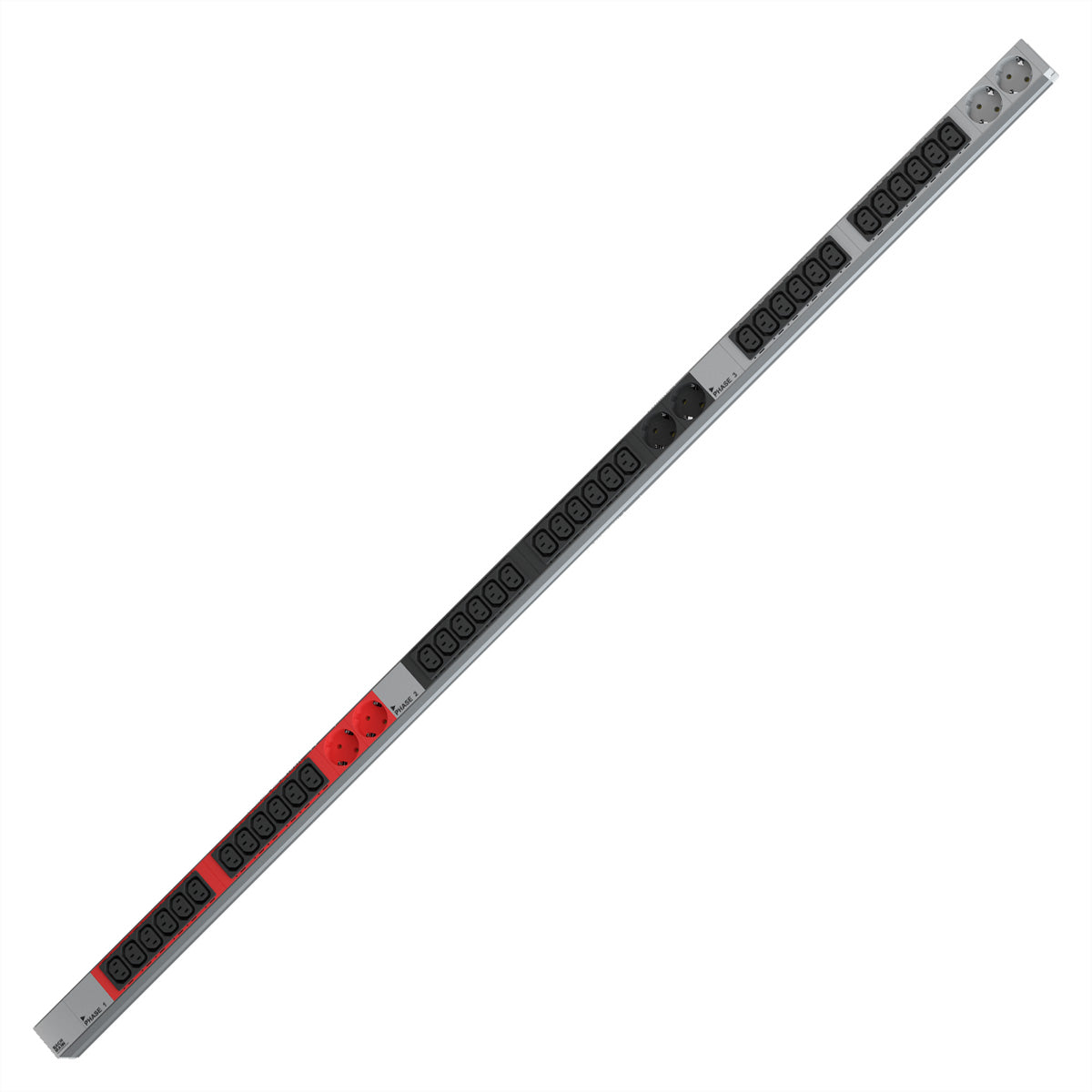 Bachmann Rack-PDU – 1U senkrecht, 36× IEC C13, 6× Schuko (Typ E/F), CEE 32A 3L+N+PE rot, 400 V, 3-phasig, 3 m