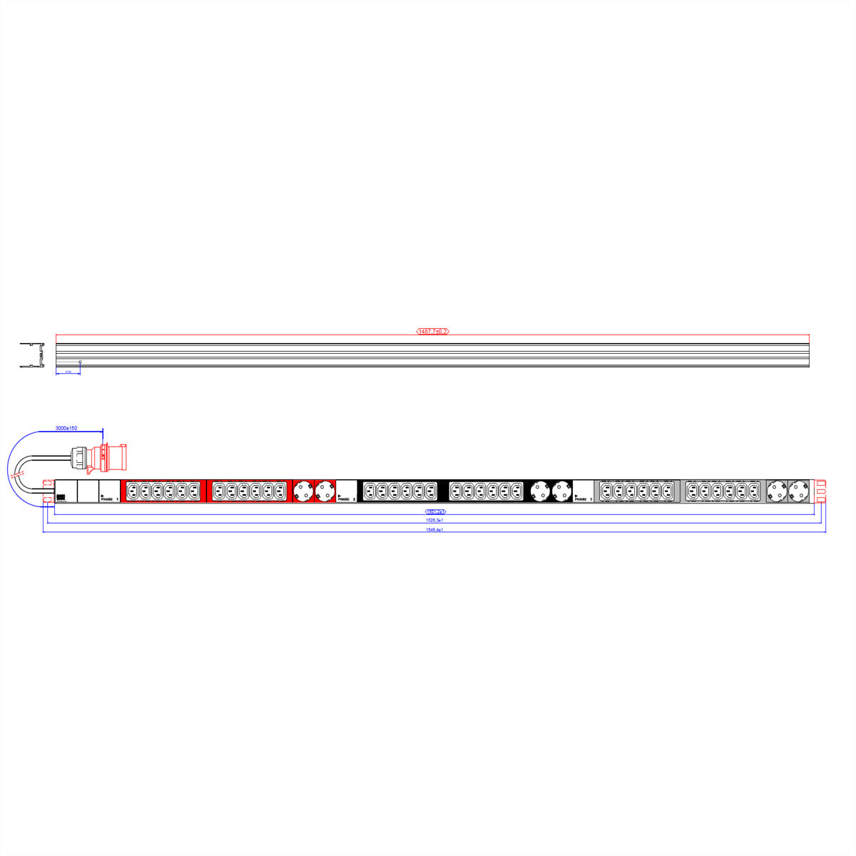 Bachmann Rack-PDU – 1U senkrecht, 36× IEC C13, 6× Schuko (Typ E/F), CEE 32A 3L+N+PE rot, 400 V, 3-phasig, 3 m