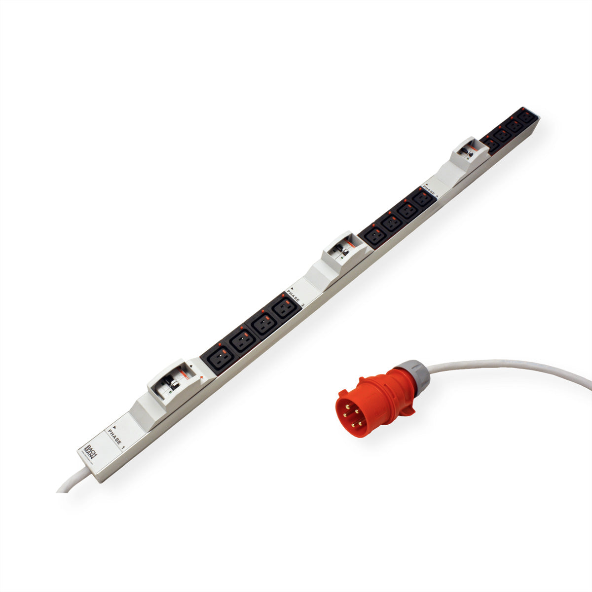 Bachmann Rack-PDU – Standard, 3-phasig, Vertikal 1U, 32 A 400 V, 24×C13 + 3×C19, CEE 5-polig (rot), 3 m