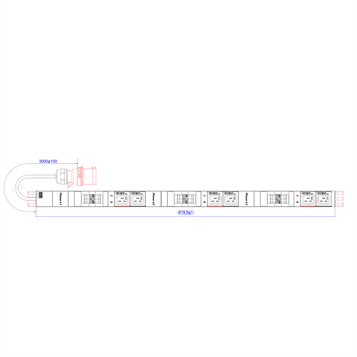 Bachmann Rack-PDU – Standard, 3-phasig, Vertikal 0U, 32 A 400 V, 6×C19 (IEC Lock), CEE 32 A, 3 m
