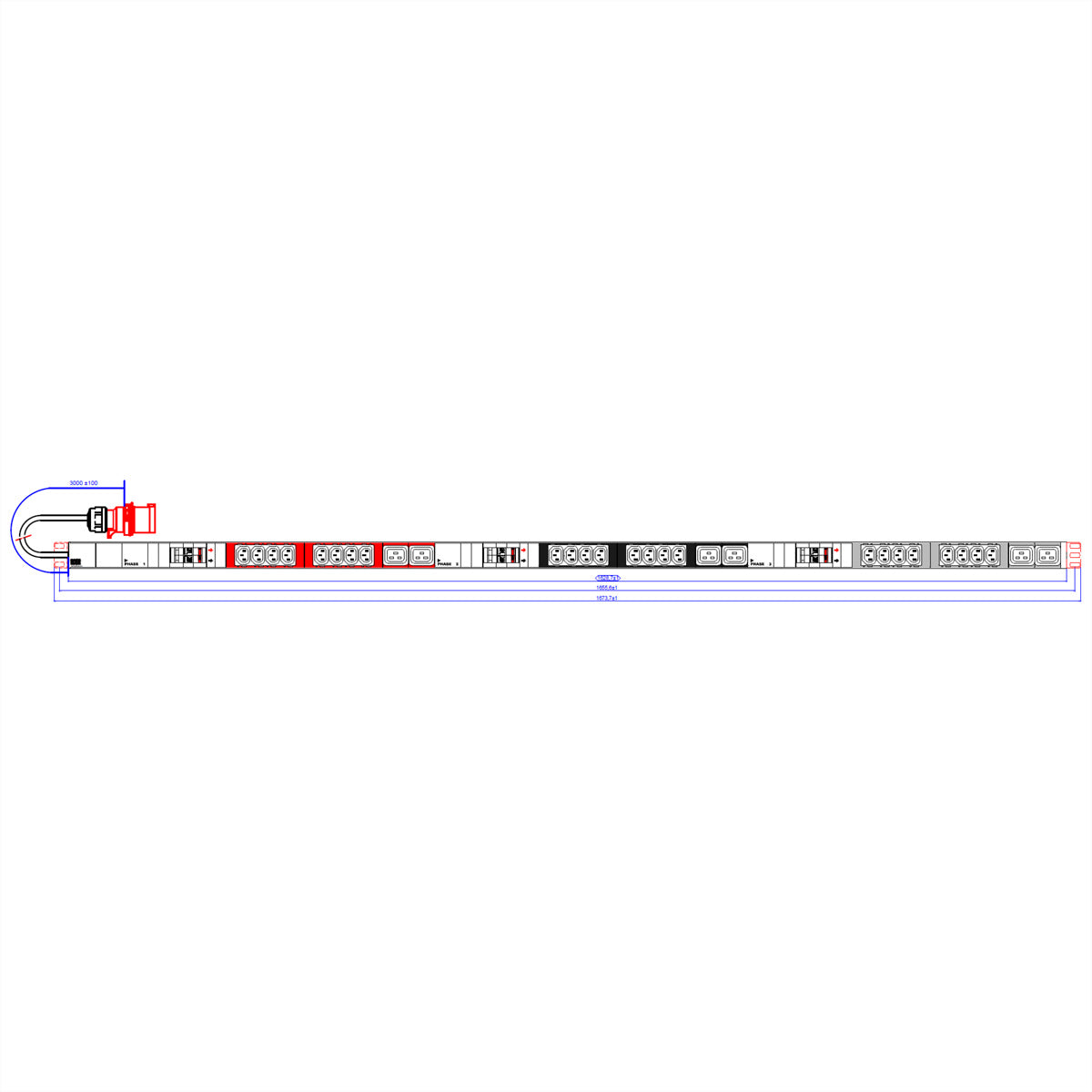 Bachmann Rack-PDU Basic, 3-phasig, 36× IEC C13 + 6× IEC C19, 32 A, CEE32A Stecker, 1U vertikal, 10,8 kW