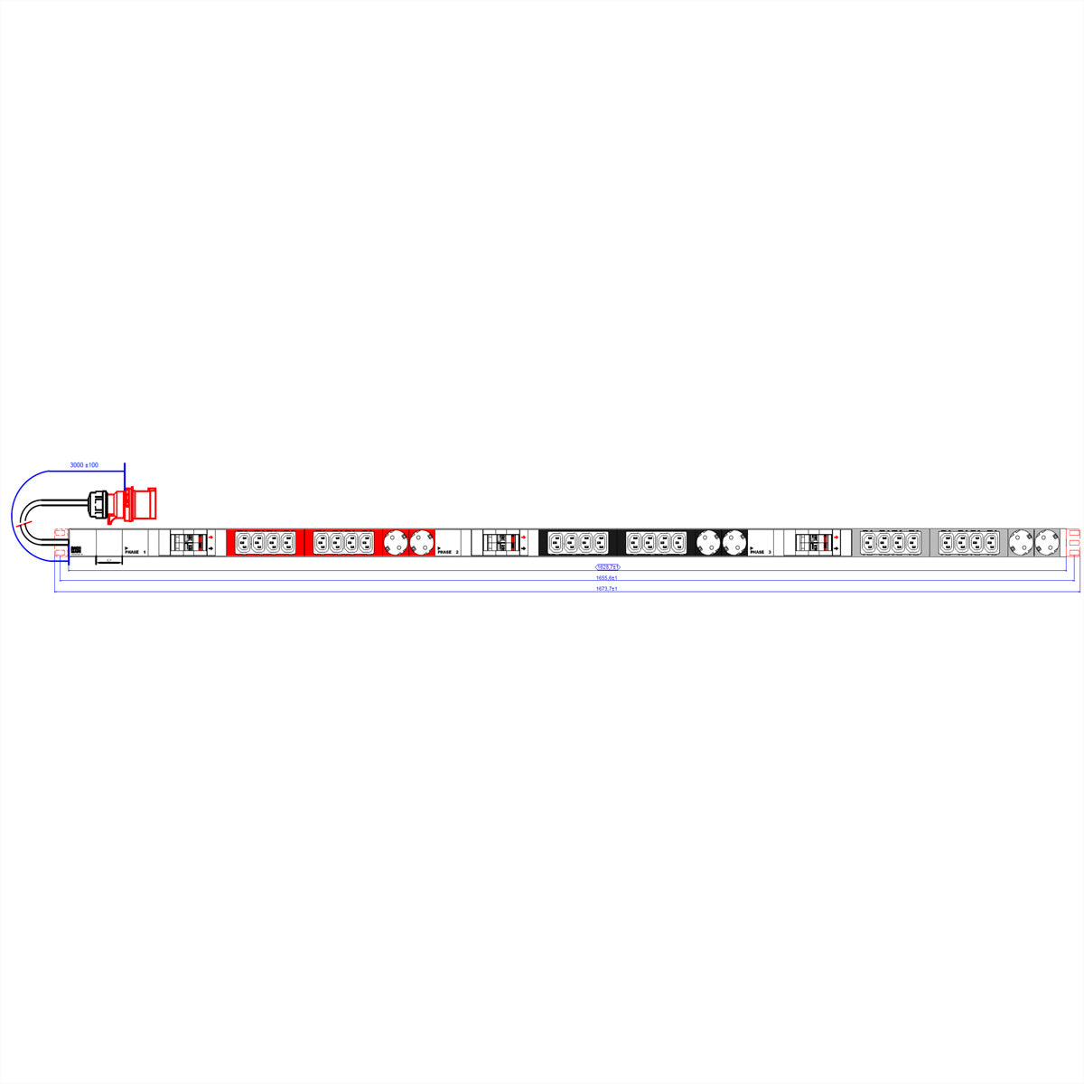 Bachmann Rack-PDU – Standard, 3-phasig, 1U Rack, 32 A 400 V, 24×C13 + 6×Schuko, 3 m