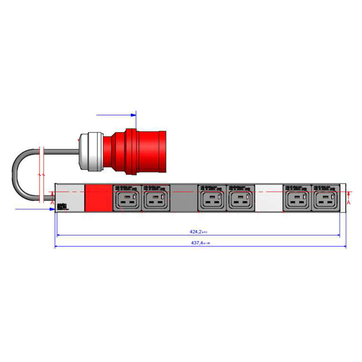 Bachmann Rack-PDU – Standard, 3-phasig, Vertikal 1U, 16 A 400 V, 6×C19, CEE 16 A rot, 3 m