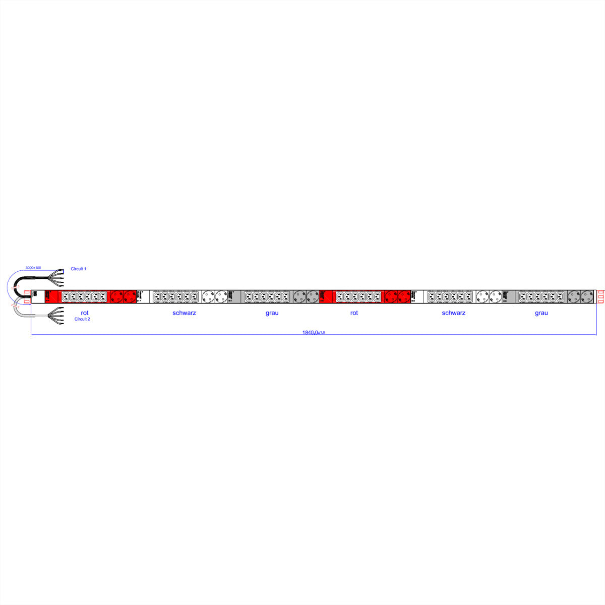 Bachmann Rack-PDU Basic 1U vertikal, 3-phasig 16 A 400 V, (36×C13 + 12×T13), Festanschluss 2×5G2,5 mm², 2×3 m
