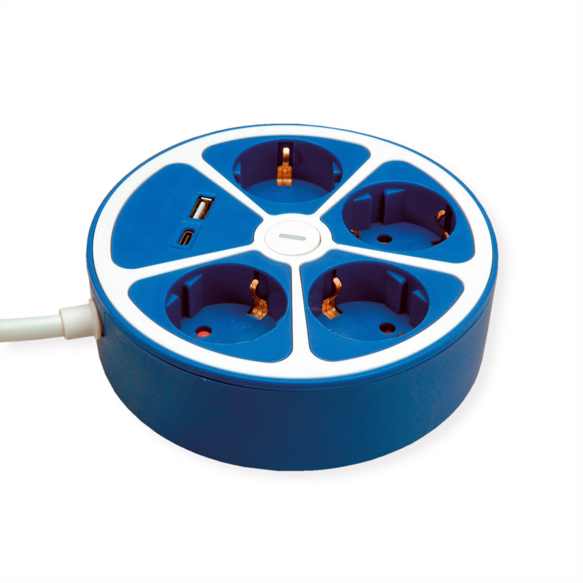 ROLINE Steckdosenleiste – 4× Schuko (Typ E/F), USB‑A/C, 1,5 m, mit Schalter, Blau/Weiss