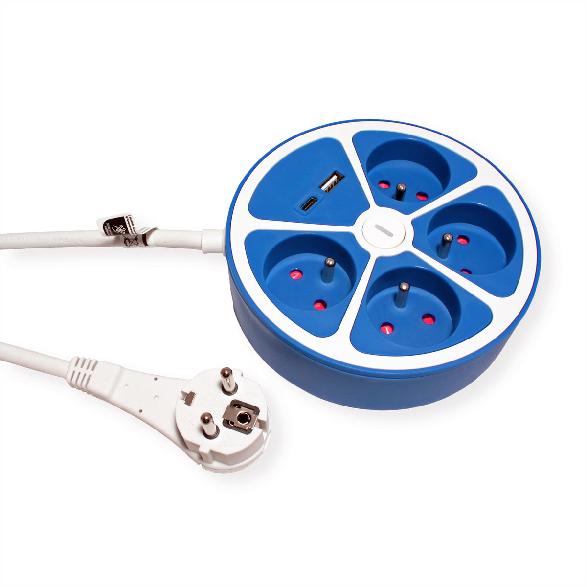 ROLINE Tischsteckdosenleiste, 4×Typ E (UTE), 1×USB‑A 5 V 2,4 A + 1×USB‑C 5 V 2,4 A, 1,5 m, mit Schalter – Blau