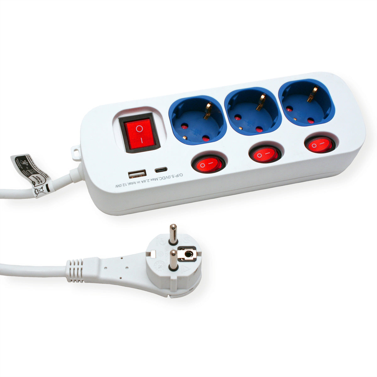 ROLINE Tischsteckdosenleiste, 3× Schuko (Typ F), 1× USB-A + 1× USB-C, mit Schalter, 1,5 m, Stecker CEE 7/7