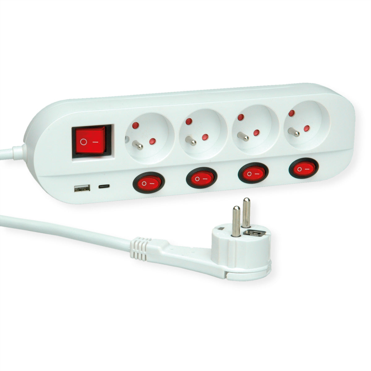 ROLINE Steckdosenleiste, 4×UTE, 1×USB‑A 5 V 2,4 A + 1×USB‑C 5 V 2,4 A, einzeln schaltbar, 3 m – weiss