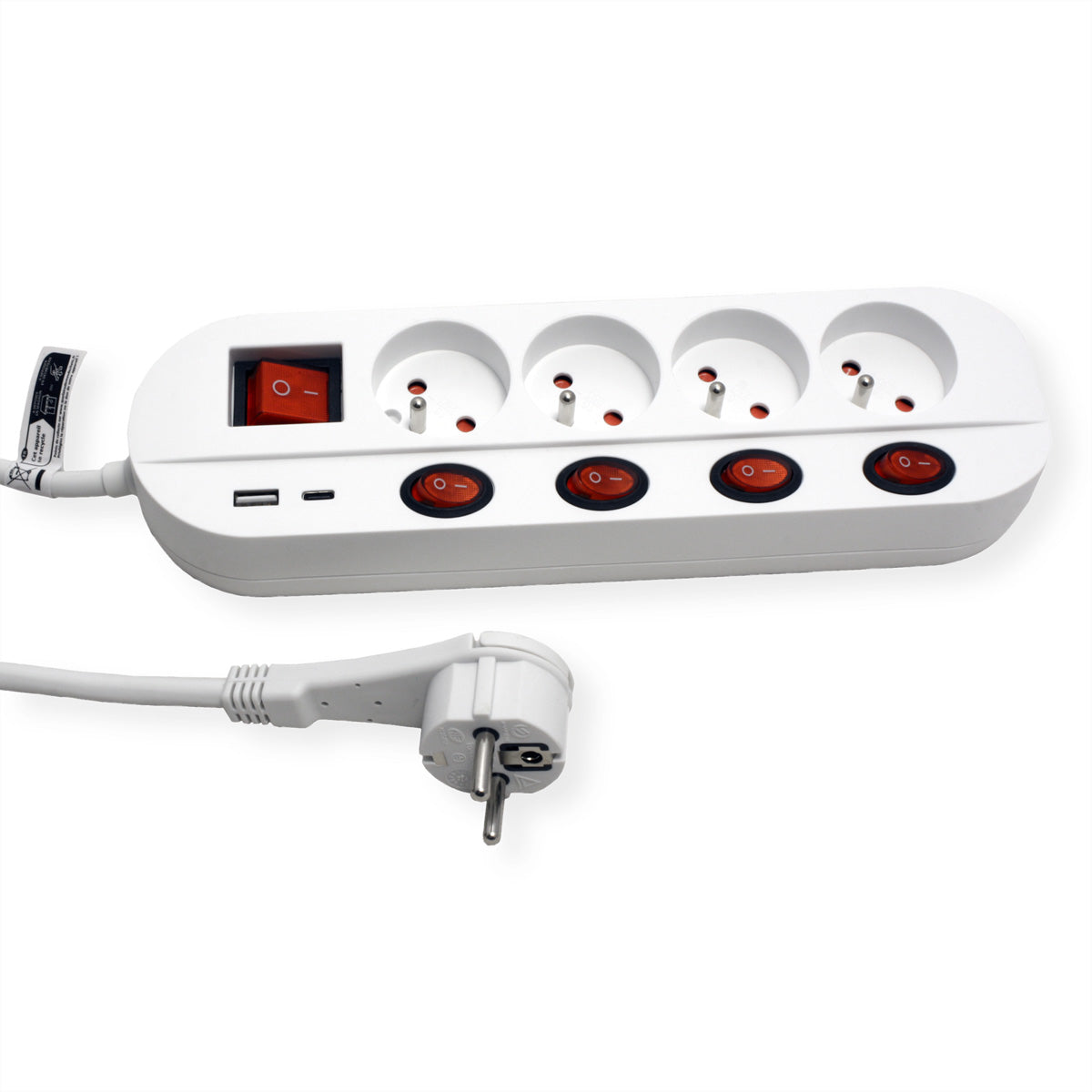 ROLINE Steckdosenleiste, 4×UTE, 1×USB‑A 5 V 2,4 A + 1×USB‑C 5 V 2,4 A, einzeln schaltbar, 3 m – weiss