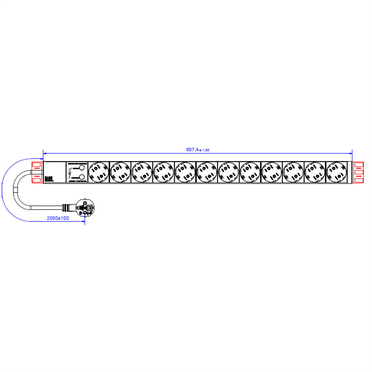 Bachmann Rack-PDU – Überspannungsschutz Typ 3, 1-ph, Vertikal 1U, 16 A 230 V, 12×Schuko (Typ E/F), 2 m