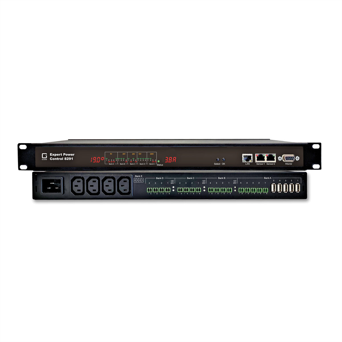 Gude Rack-PDU Expert Power Control 8291-2 – 1U, 21 gemischt (4× IEC C13, 5× USB-A), IEC C19, 230 V/16 A