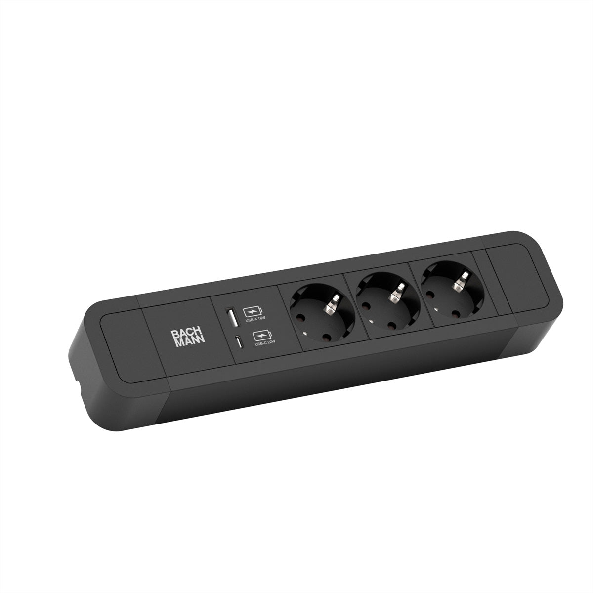 Bachmann PRIMO2 Steckdosenleiste – 3× Schuko (Typ E/F), USB‑A/C 22 W, 2 m, ohne Schalter, schwarz