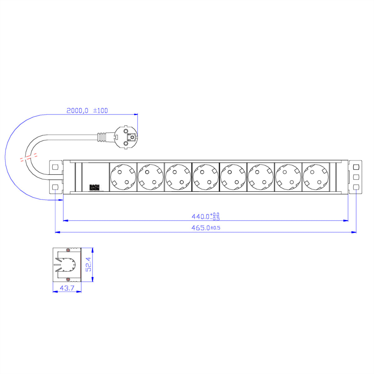 Bachmann Steckdosenleiste 19", 8×T13, 2 m, Eingang Schutzkontaktstecker, IP20 – Schwarz
