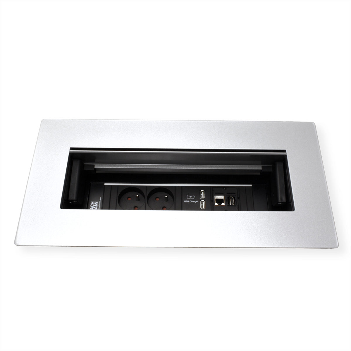 Bachmann TOP FRAME Tischsteckdosenleiste, Aluminium, 4-fach, Tischmontage, 162×340,5×98,3 mm – schwarz/silber