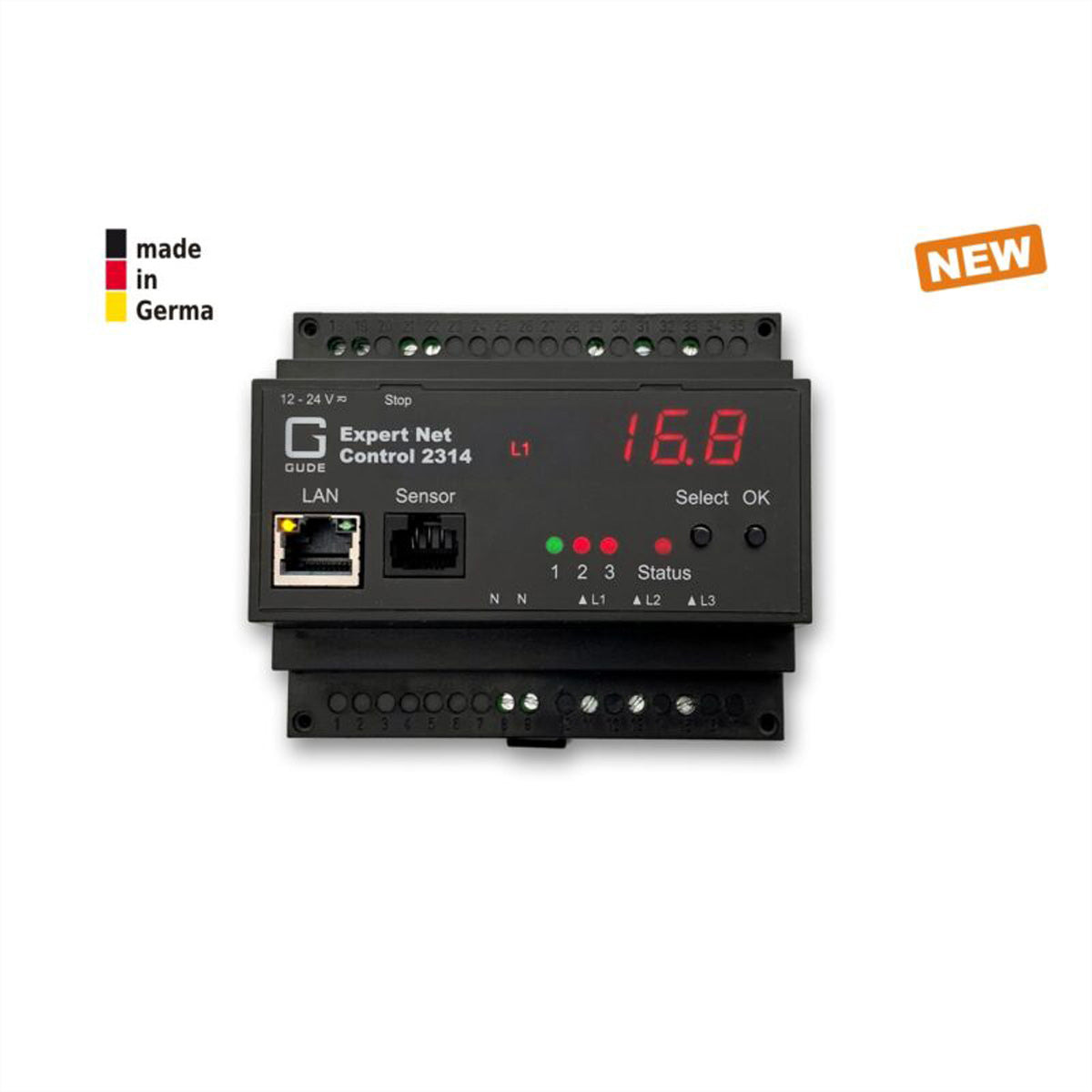 Gude DI/O-Modul (Ethernet) – 230 V, Relaisausgänge, HTTP/HTTPS, SNMP, Modbus TCP – Hutschiene – Schwarz – 2314