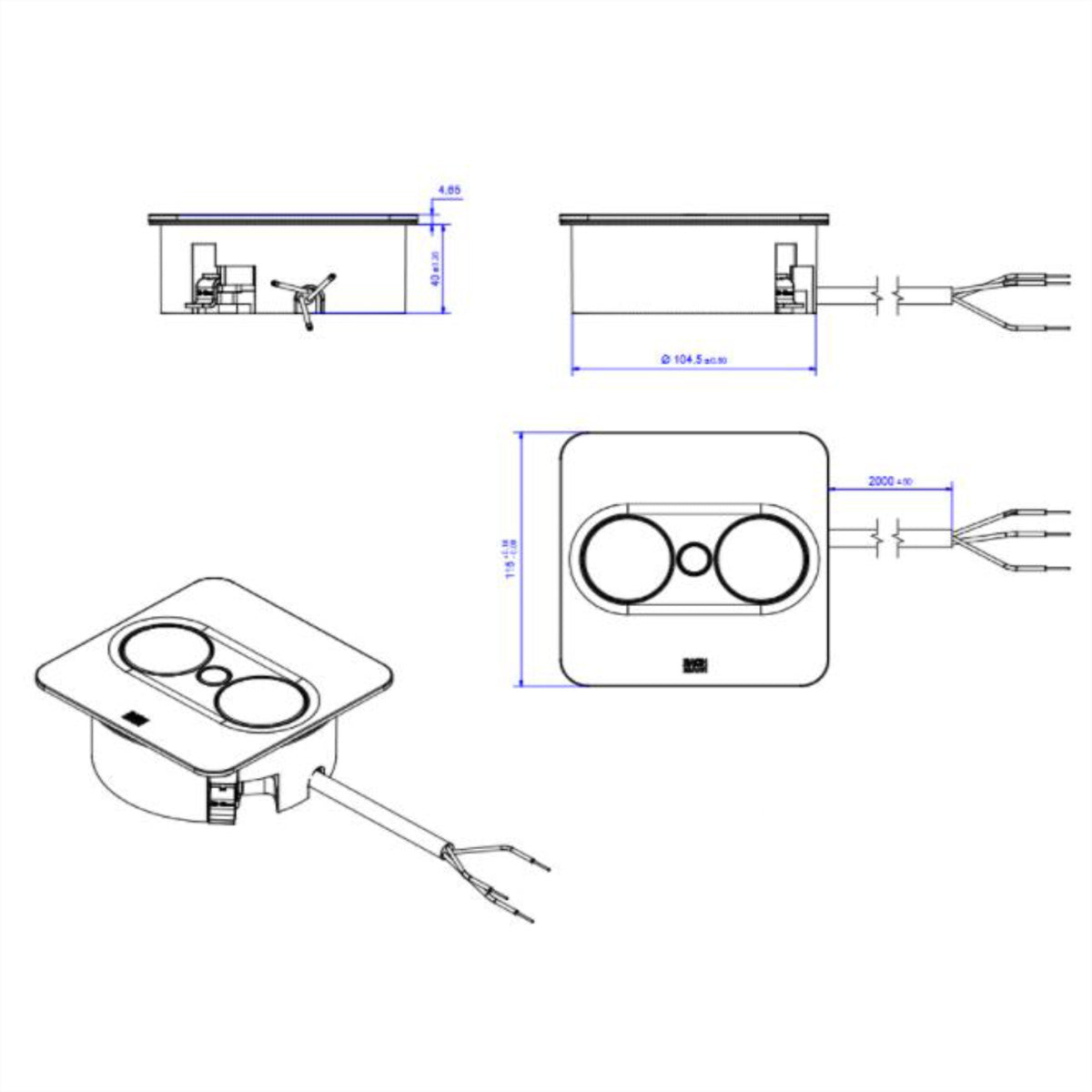 Bachmann Einbausteckdosenleiste, 2×Schuko (Typ F), IP20, Einbau, 115×115×42,5 mm – Edelstahl