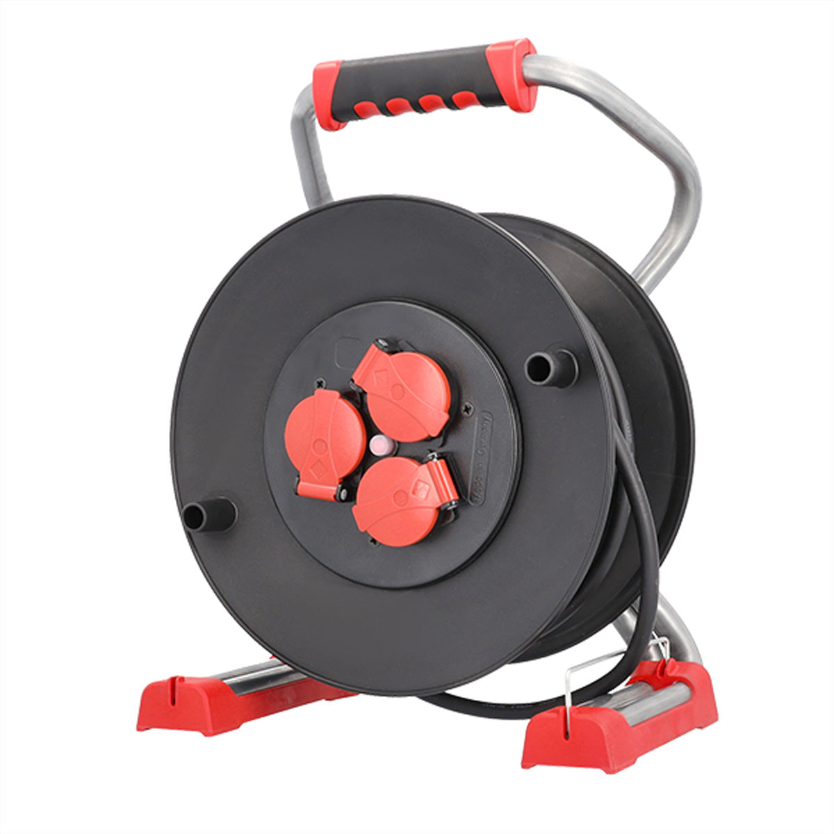 Bachmann Kabelrolle – 40 m, 3×Schutzkontakt, IP44, Thermoschutz, Eingang CEE 7/7 – Schwarz/Rot