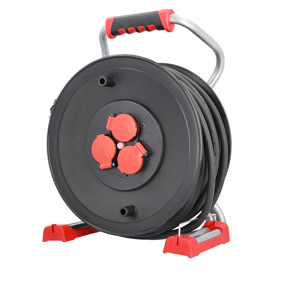 Bachmann Kabelrolle, 40 m, 3×T13, IP44, Schutzkontaktstecker CEE7/7 – schwarz/rot