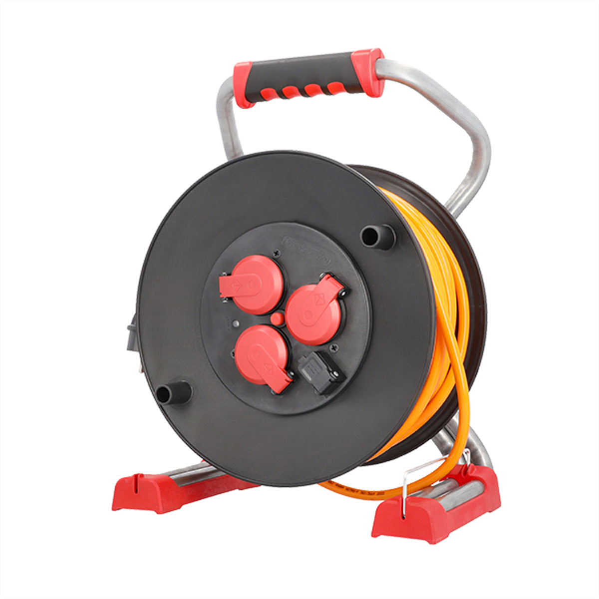 Bachmann Kabelrolle – 3× T13, USB‑A 5 V/1 A, 40 m, IP44, schwarz/rot