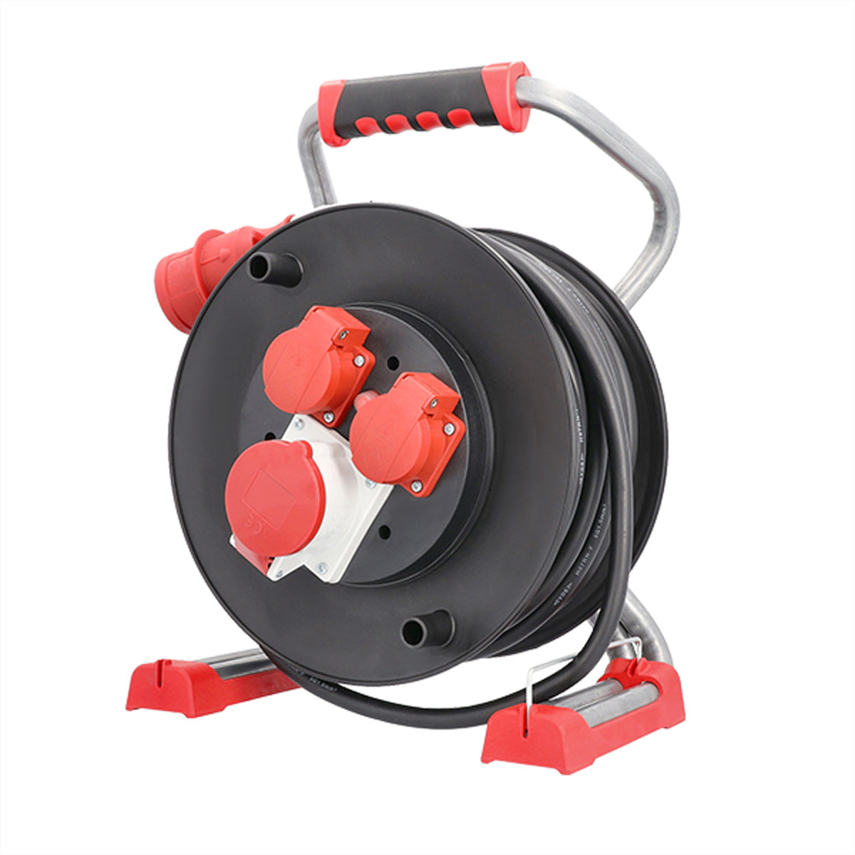 Bachmann Kabelrolle, 25 m, (2×T13 + 1×CEE 16-5), IP44, Thermoschutzschalter, Stecker CEE 16-5 – Schwarz/Rot