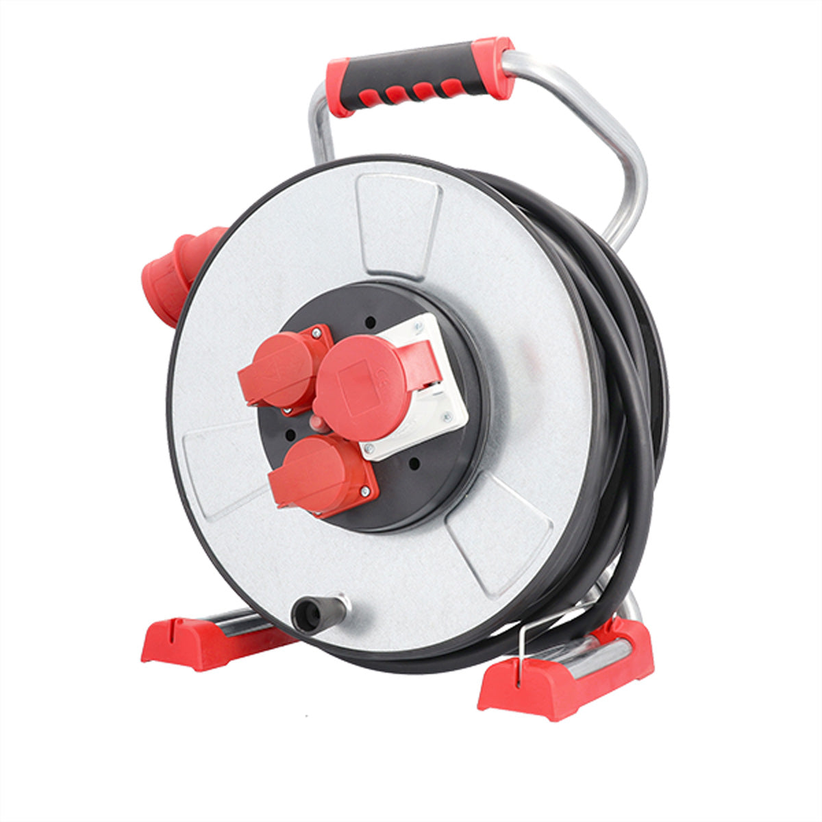Bachmann Kabelrolle – 2× T13, 1× CEE 16A, 25 m, IP44, aussen, schwarz/rot