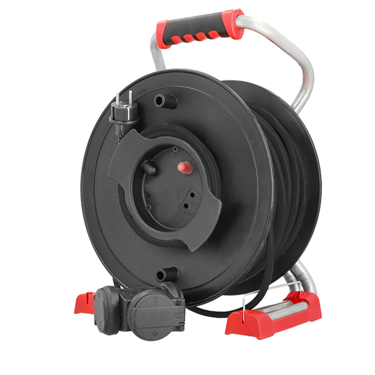 Bachmann Kabelrolle, 1,5 m/38,5 m, 3× Schutzkontakt (CEE 7/7), IP44, Thermoschutzschalter – schwarz/rot