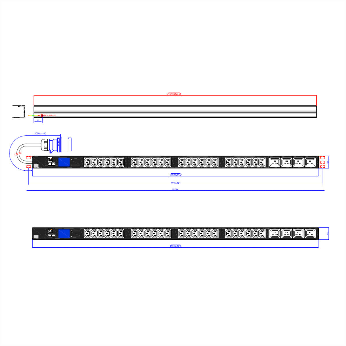 Bachmann BN2000 – Rack-PDU gemessen, einphasig, 24× IEC C13 + 4× IEC C19, 16 A, Stecker CEE 16A
