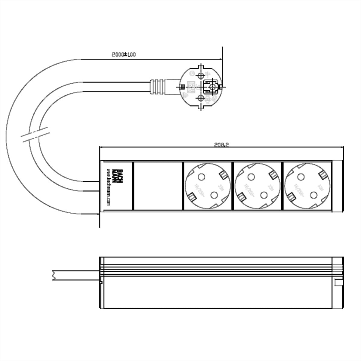 Bachmann Rack-PDU 1U (10") – 3× Schuko (Typ E/F), Schuko (Typ E/F) Winkelstecker, 2 m, grau