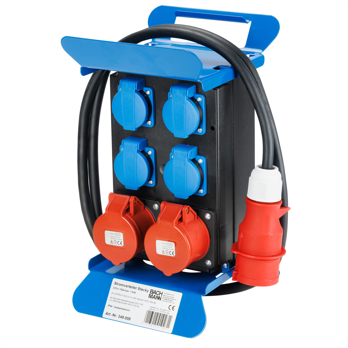 Bachmann Stecky Stromverteiler – 2×16 A 400 V (3‑ph), 2×CEE 16 A (5‑pol) + 4×T13 (Schuko), 2,0 m, IP44