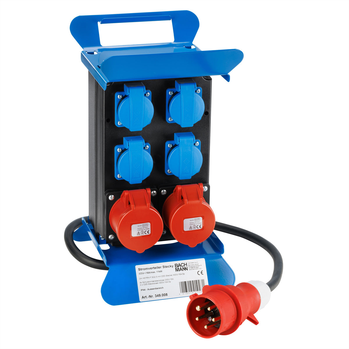 Bachmann Stecky Stromverteiler – 2×16 A 400 V (3‑ph), 2×CEE 16 A (5‑pol) + 4×T13 (Schuko), 2,0 m, IP44