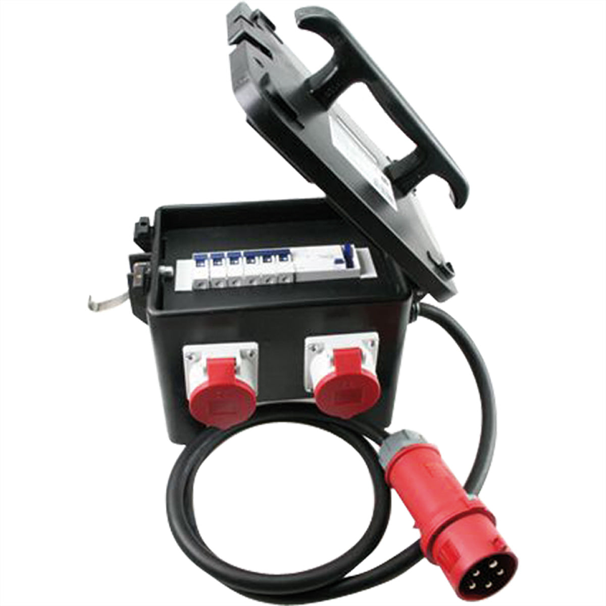 Bachmann Vollgummiverteiler – 32 A 5-pol, 400 V (3-phasig), 1×CEE 32A + 2×CEE 16A + 3×Schuko 16A, 2 m, FI 40 A