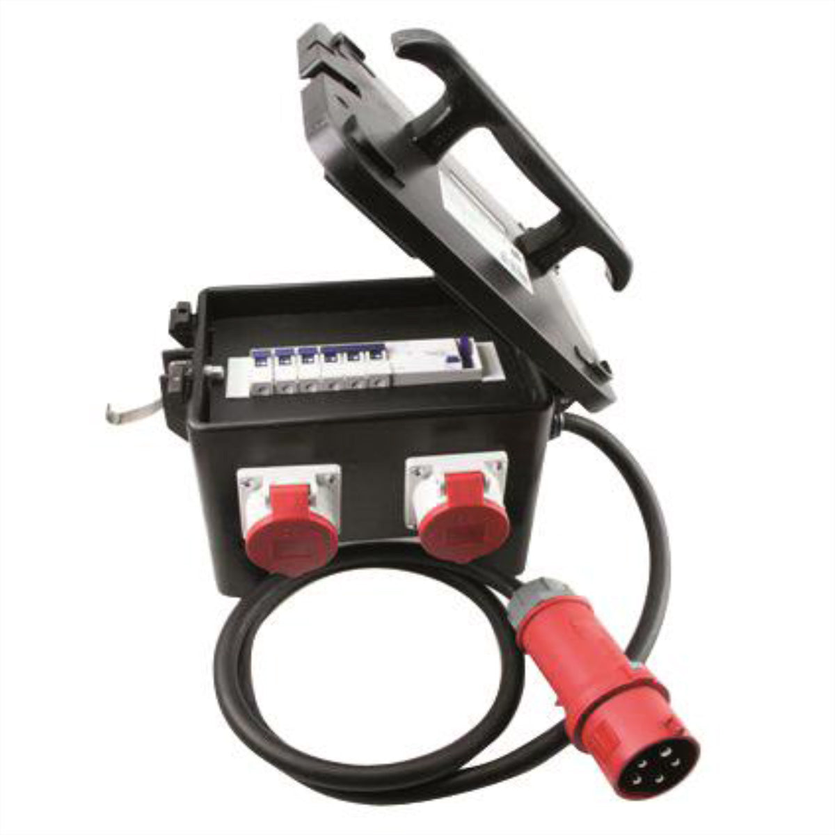 Bachmann Vollgummiverteiler – 32 A 5-pol, 400 V (3-phasig), 1×CEE 32A + 2×CEE 16A + 3×Schuko 16A, 2 m, FI 40 A