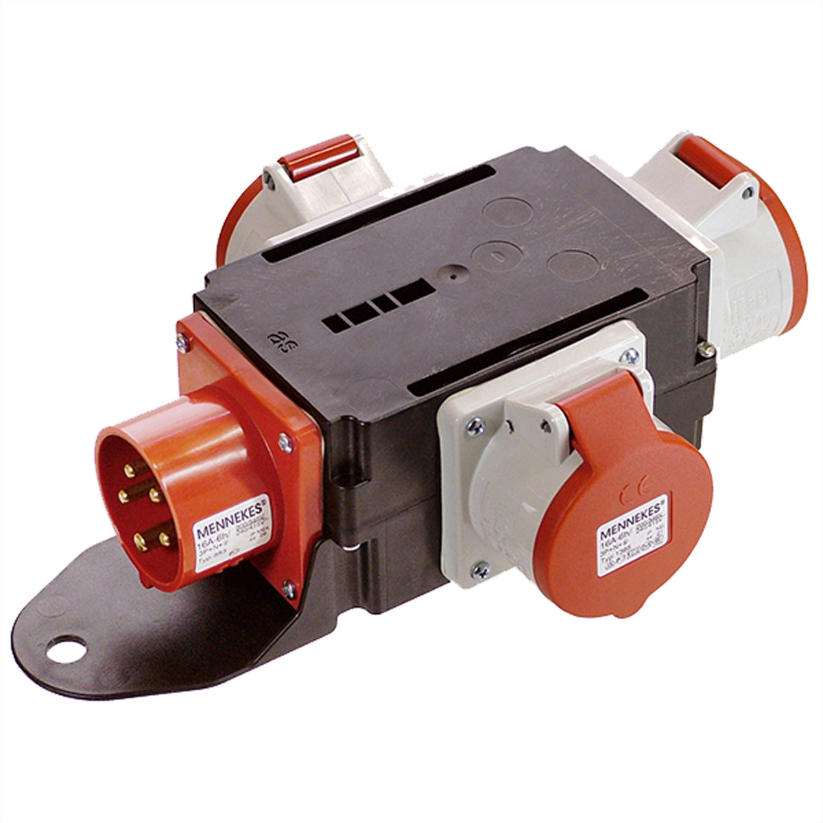 Bachmann CEE-Adapter – 1× CEE 16 A (5p) Stecker zu 3× CEE 16 A (5p) Dose, 400 V, IP44 – schwarz/rot