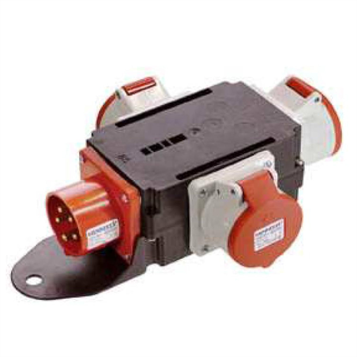 Bachmann CEE-Adapter – 1× CEE 16 A (5p) Stecker zu 3× CEE 16 A (5p) Dose, 400 V, IP44 – schwarz/rot