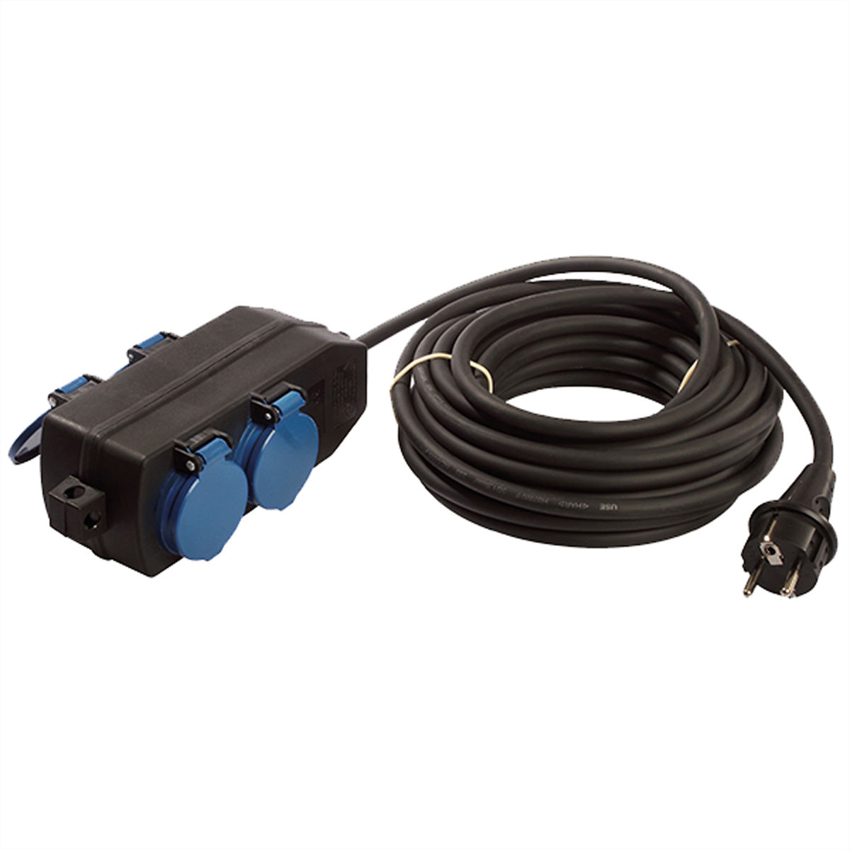 Bachmann Gartenstromverteiler, 4×T13, IP44, 10 m, H07RN-F 3G1,5 mm², mit Schutzkontaktstecker – schwarz/blau