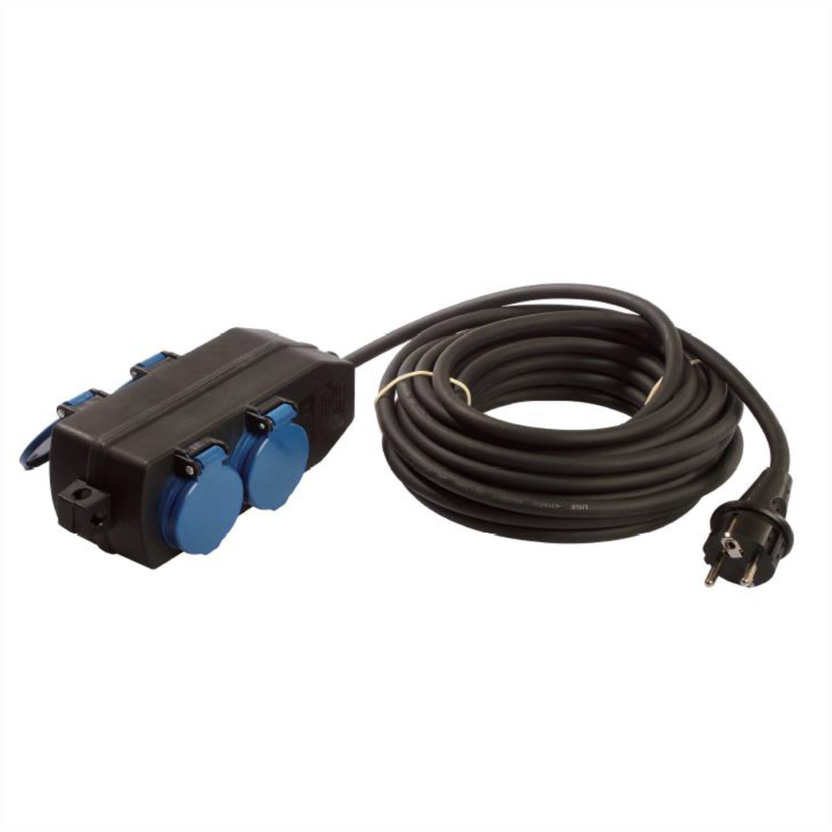 Bachmann Gartenstromverteiler, 4×T13, IP44, 10 m, H07RN-F 3G1,5 mm², mit Schutzkontaktstecker – schwarz/blau