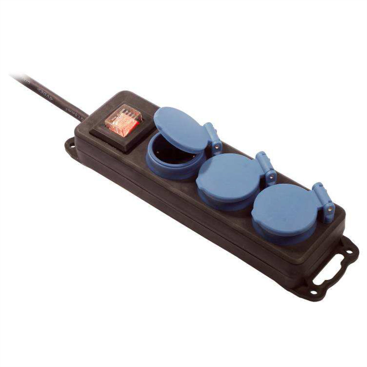 Bachmann Gartenstromverteiler, 3×T13, IP44, 1,5 m, mit Schalter, H07RN-F 3G1,5 mm², Klappdeckel – Schwarz