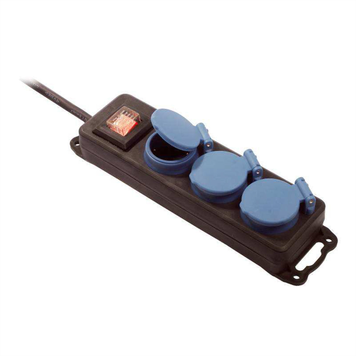 Bachmann Gartenstromverteiler, 3×T13, IP44, 1,5 m, mit Schalter, H07RN-F 3G1,5 mm², Klappdeckel – Schwarz