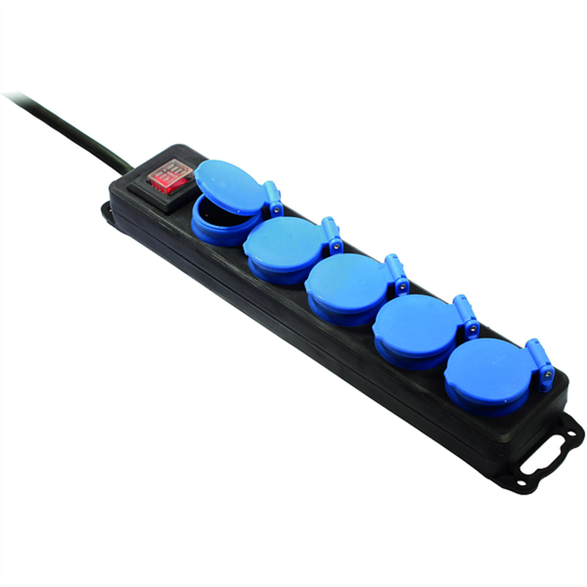 Bachmann Steckdosenleiste, 5×T13, mit beleuchtetem Schalter, 4,5 m, Klappdeckel, H07RN-F 3G1,5 mm², IP44