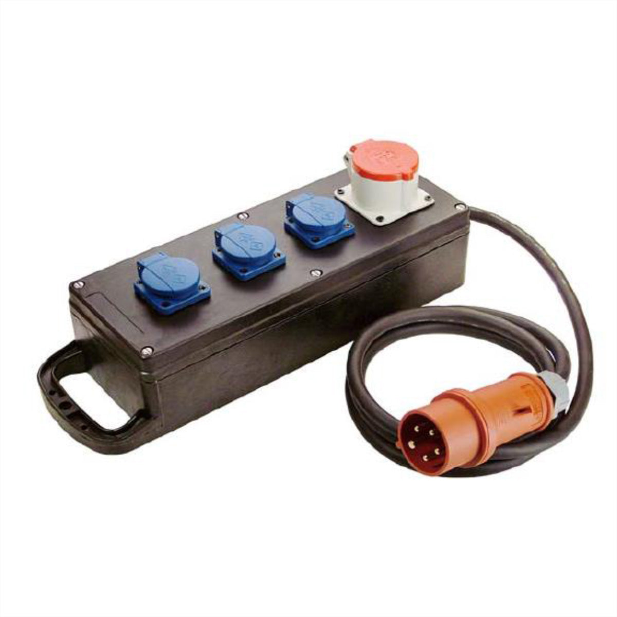 Bachmann Gartenstromverteiler (1×CEE 16‑5 + 3×Schuko), IP44, 2 m Kabel, Vollgummi, H07RN‑F 5G2,5 mm² – Schwarz