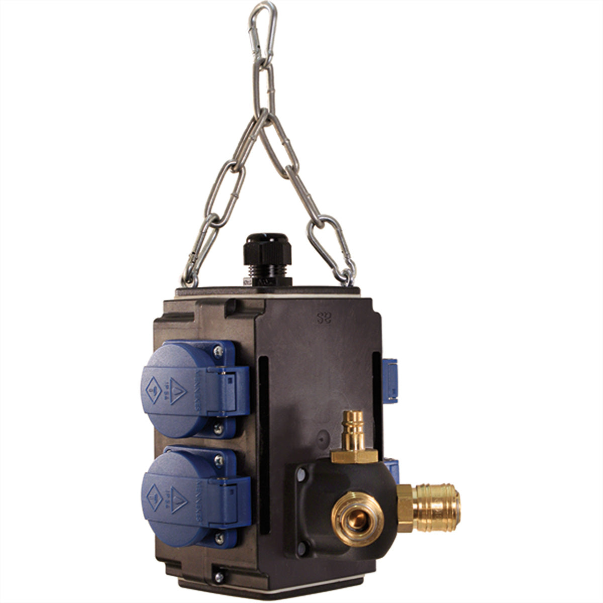 Bachmann Gartenstromverteiler, 4×T13, IP44, Druckluft 1/2" (1×Eingang, 2×Ausgang) – Schwarz/Blau