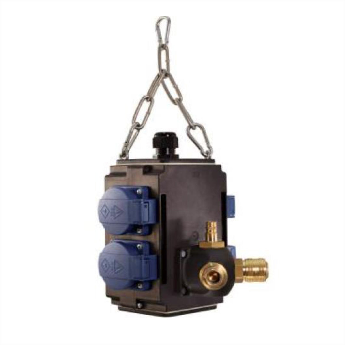 Bachmann Gartenstromverteiler, 4×T13, IP44, Druckluft 1/2" (1×Eingang, 2×Ausgang) – Schwarz/Blau