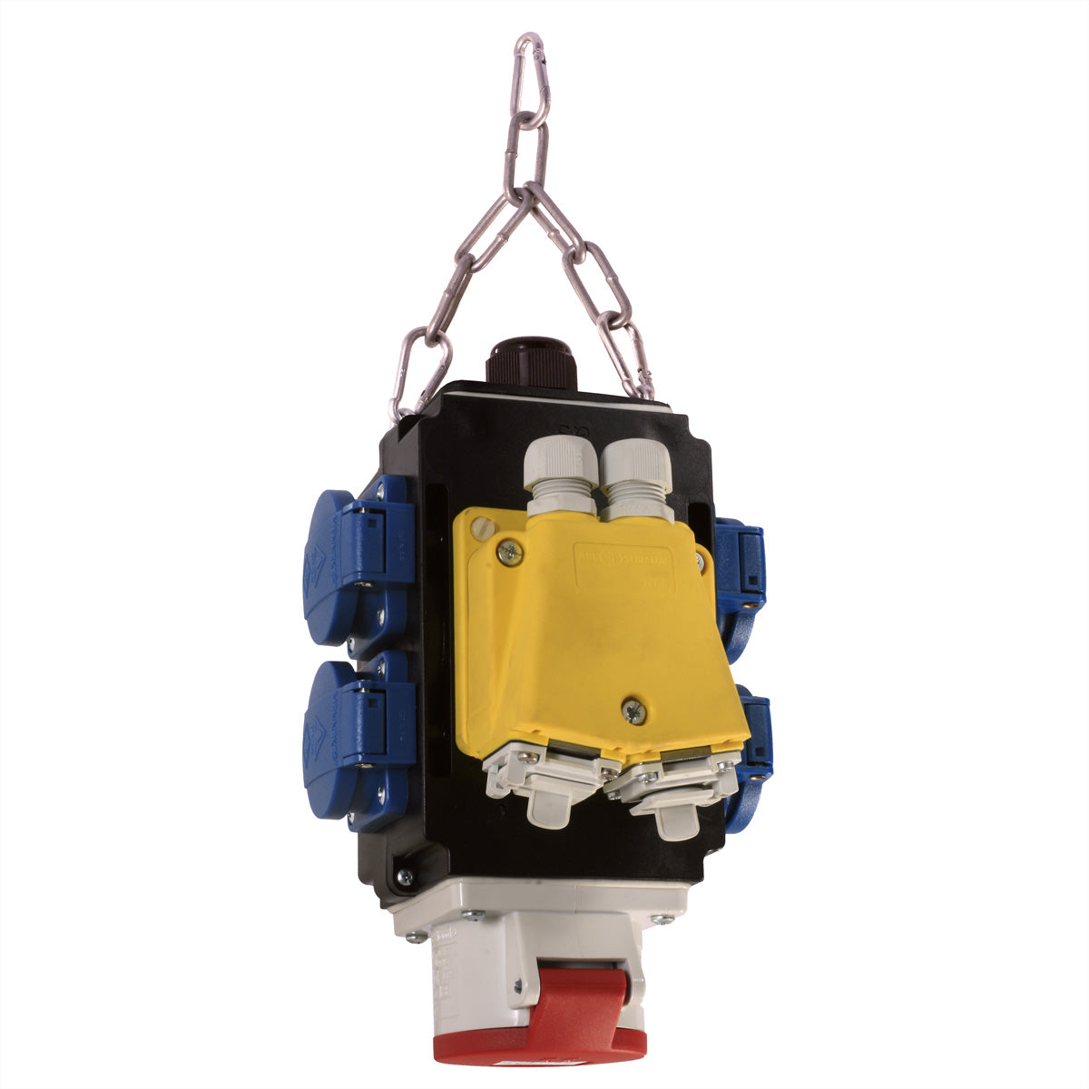 Bachmann Steckdosenwürfel – 4×Schuko + 1×CEE 16 A, 2×RJ45 Cat6 (IP67), Druckluft 1/2" Ein/2×Ausg., IP44