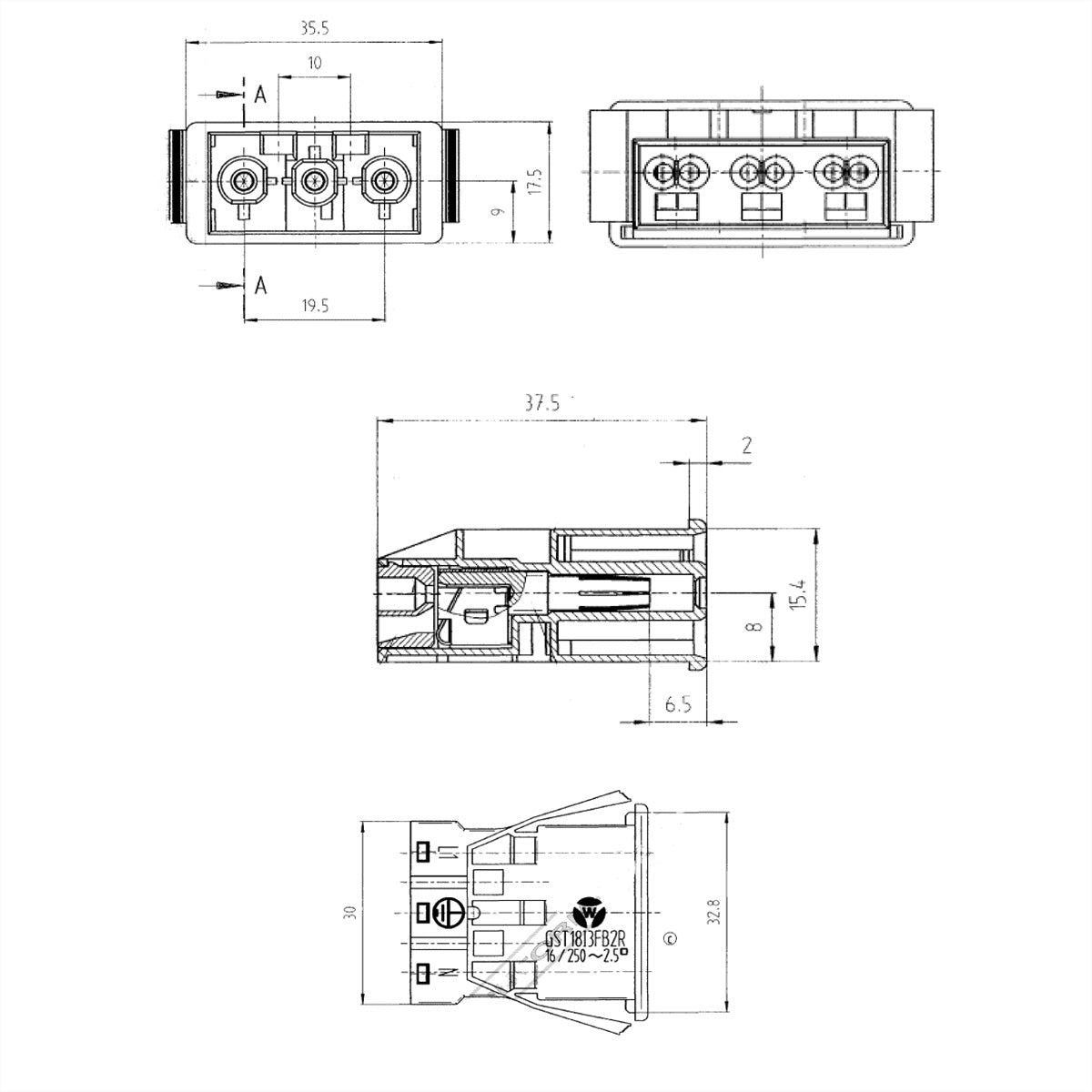 Bachmann Einbausteckdosenleiste GST18/3, Einbau, 16 A 250 V, 40×40×20 mm – schwarz