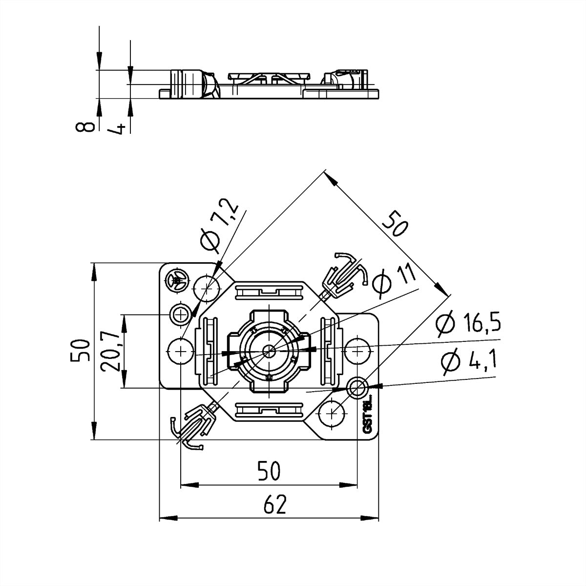 Bachmann Tragplatte, Befestigung für Schrauben & Kabelrinnen, 55×60×5 mm – für GST18 Verteiler – schwarz