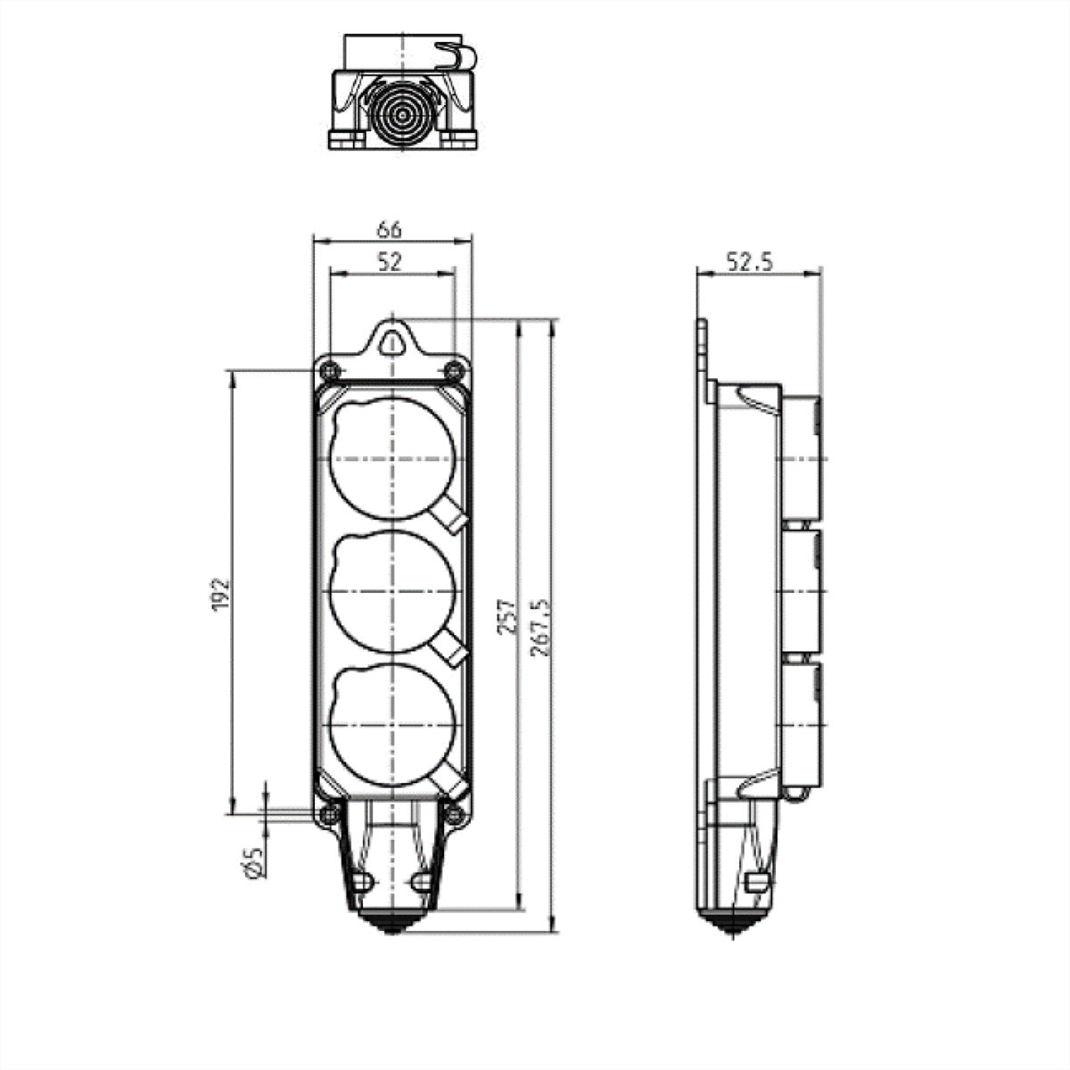 Bachmann Steckdosenleiste, 3×T13, Klappdeckel, Aufhängeöse, IP44 – Schwarz
