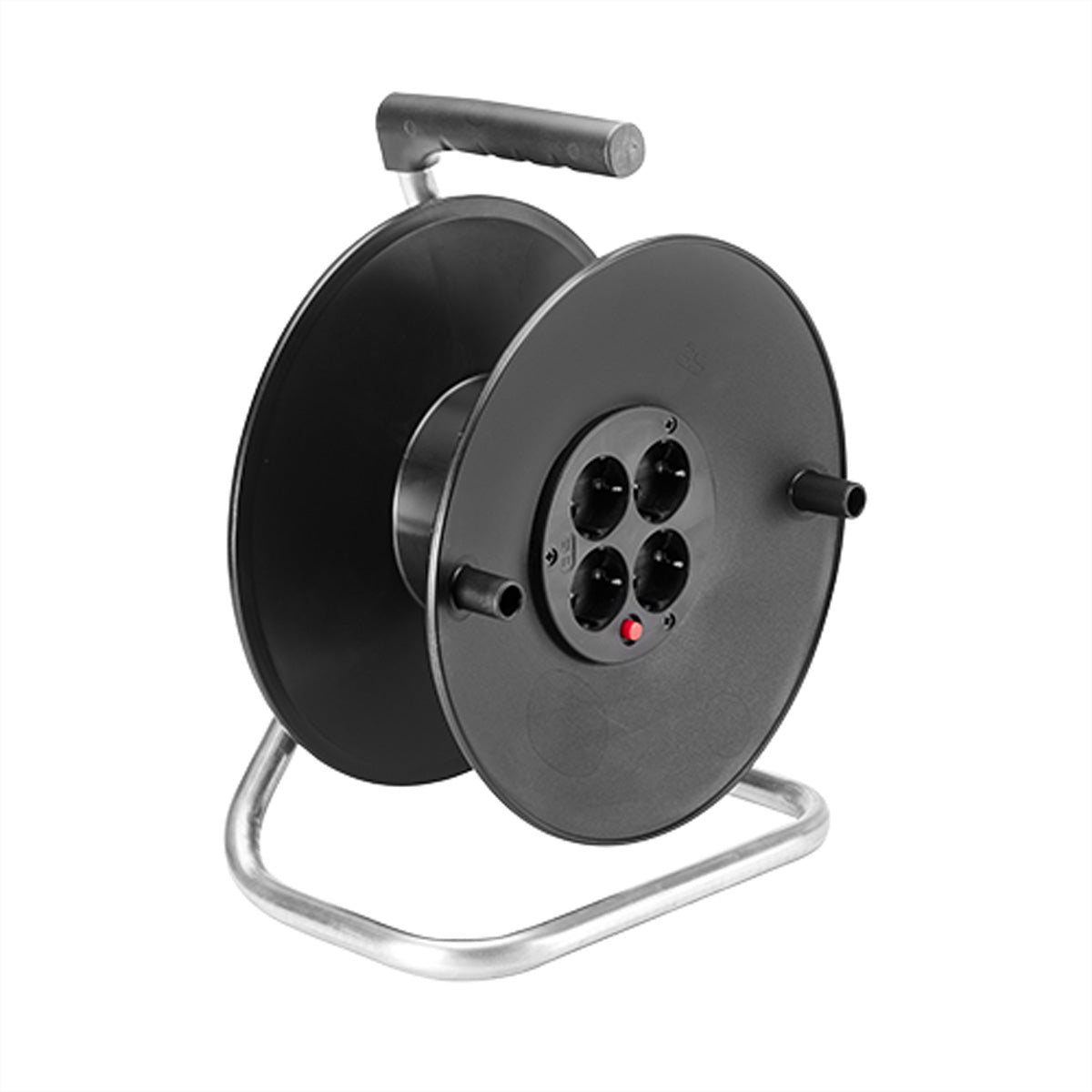 Bachmann Kabelrolle, 4×T13, Aufrollkabeltrommel, Thermoschutz, Trommel mit Standfuss, 390×290×190 mm – Schwarz
