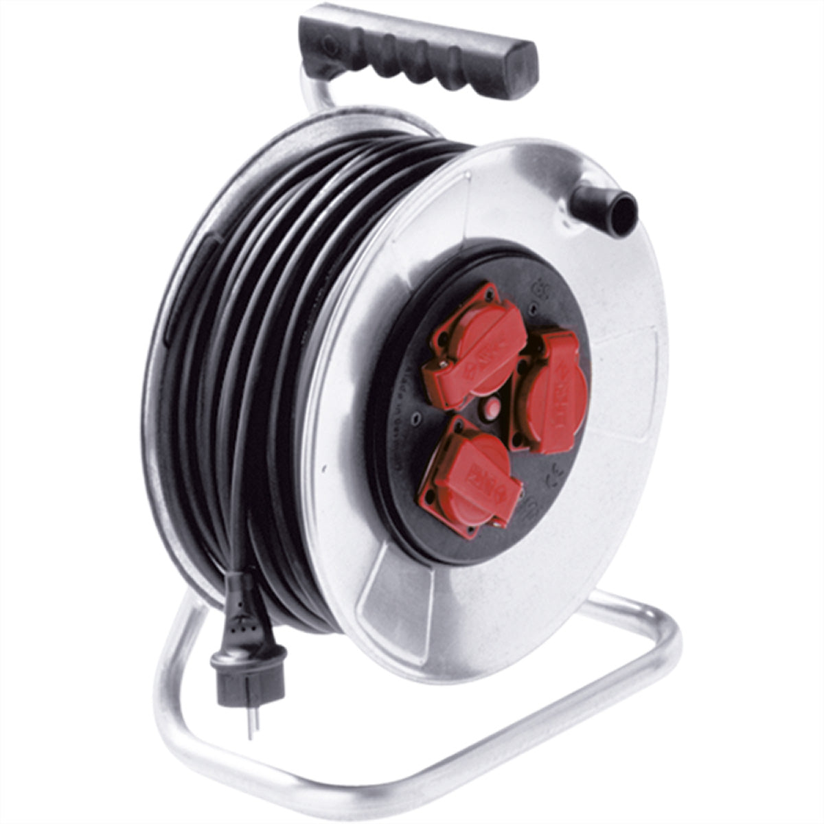 Bachmann Kabelrolle – 3× Schuko (Typ F), 50 m, IP44, Schwarz/Silber