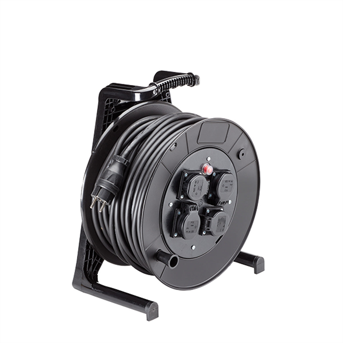 Bachmann Kabelrolle, 40 m, 4× Schutzkontakt-Steckdosen, IP54, Thermosicherung, H07RN-F3 G1,5 mm² – schwarz
